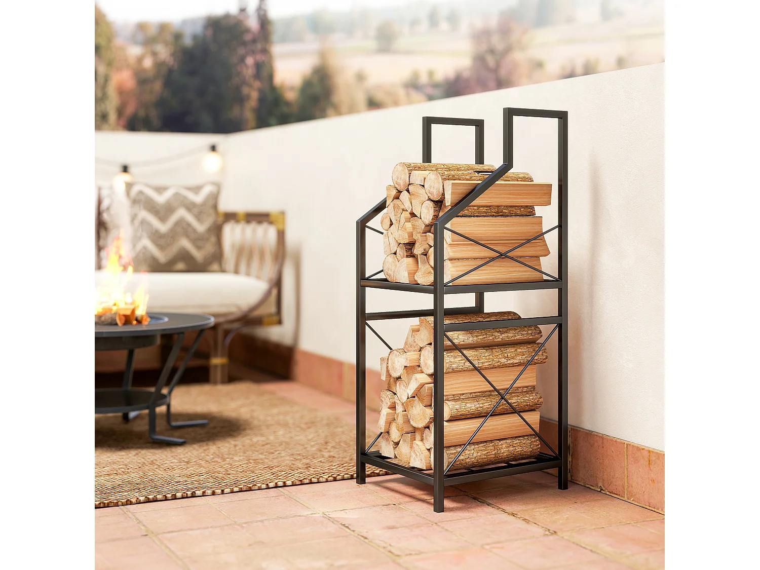 Portalegna da esterno a 2 livelli in metallo con base rialzata nero