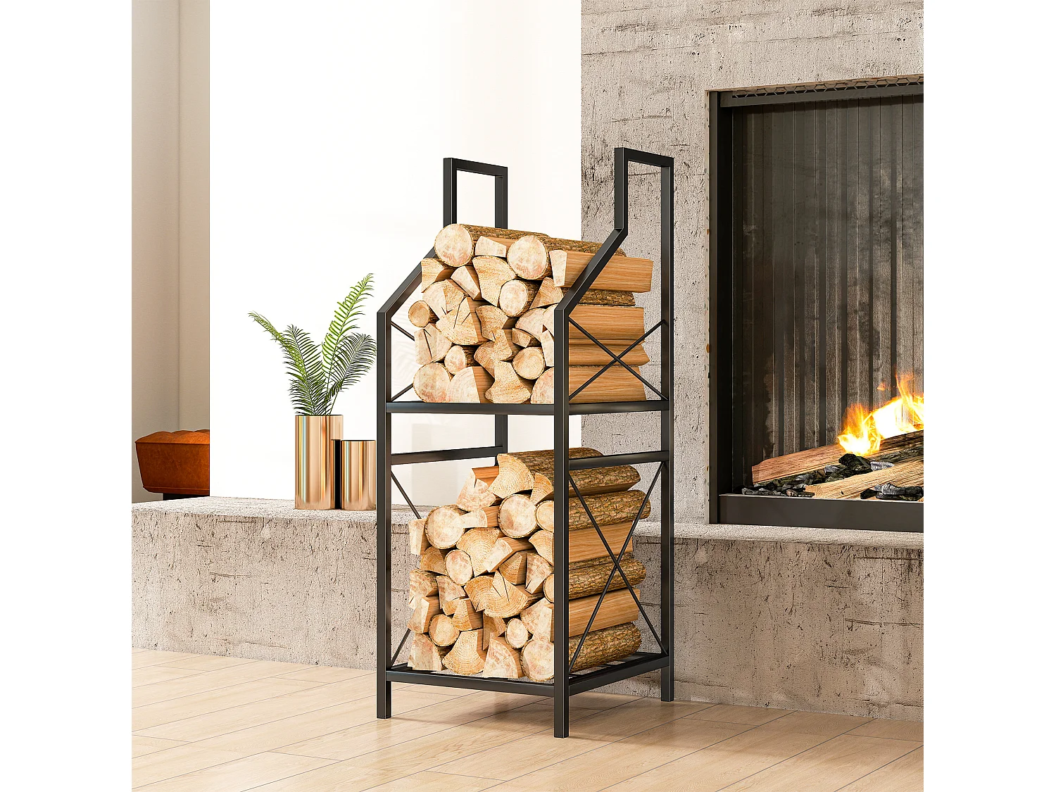 Portalegna da esterno a 2 livelli in metallo con base rialzata nero