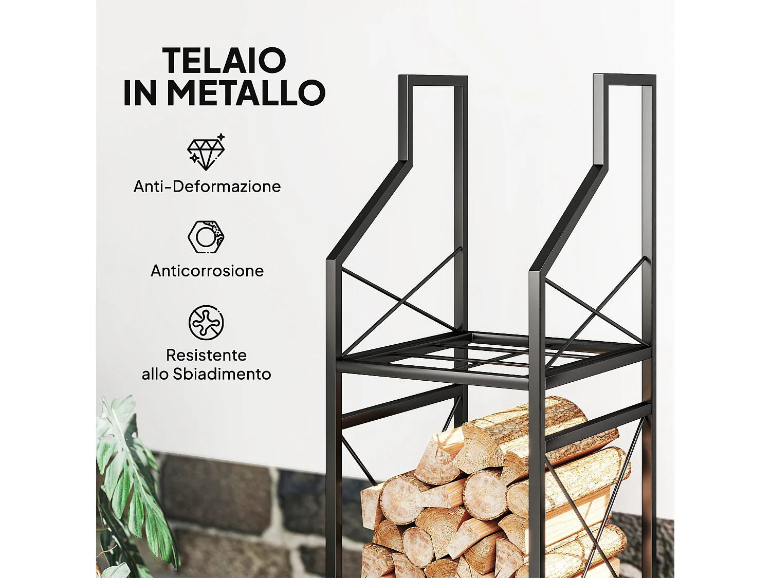 Portalegna da esterno a 2 livelli in metallo con base rialzata nero