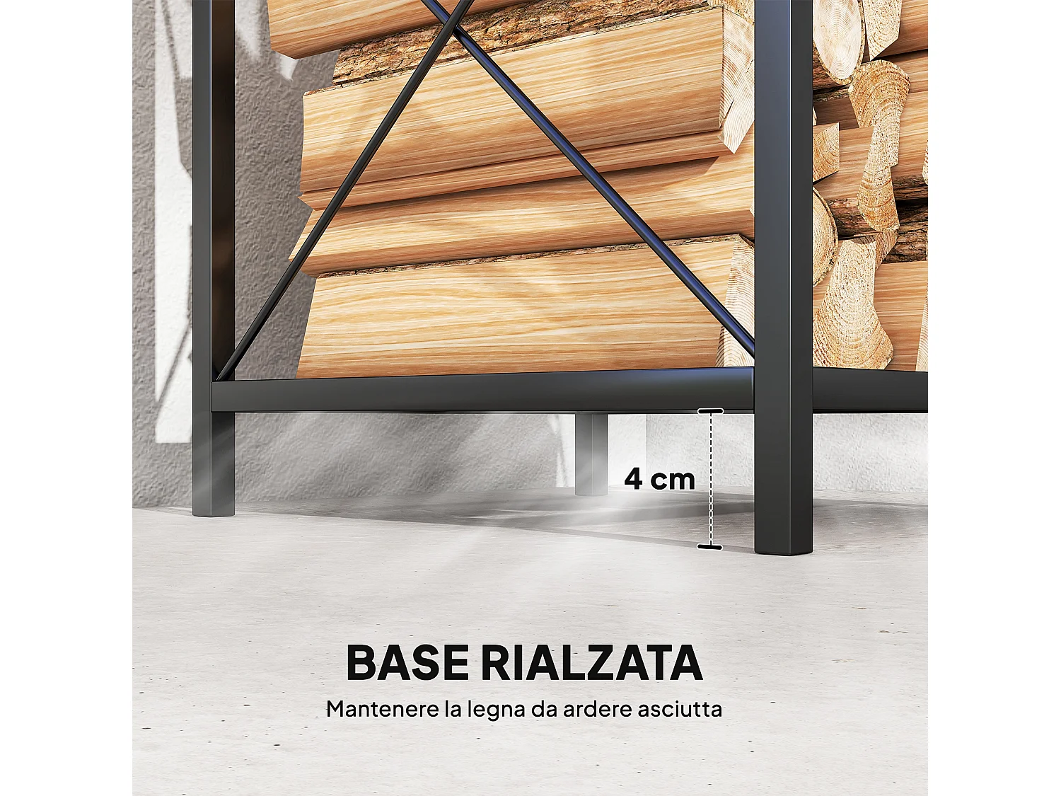 Portalegna da esterno a 2 livelli in metallo con base rialzata nero