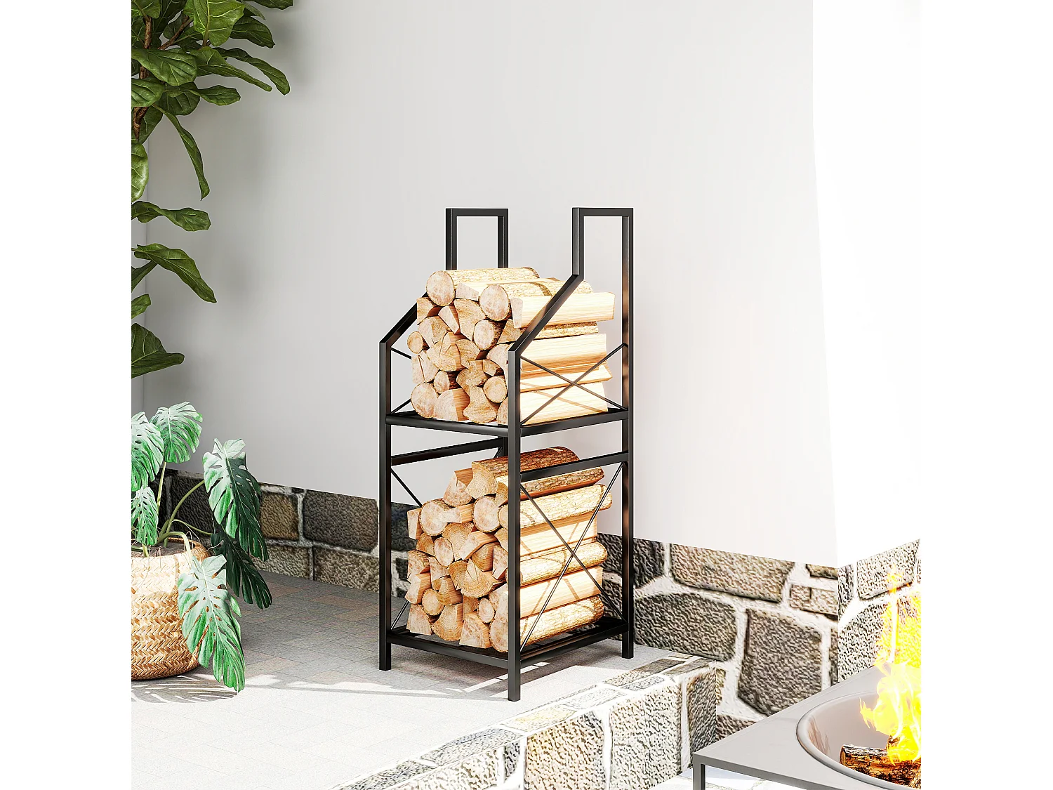 Portalegna da esterno a 2 livelli in metallo con base rialzata nero