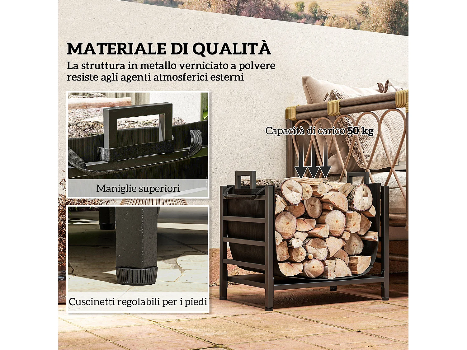 Portalegna da esterno e interno con sacca di trasporto in acciaio nero