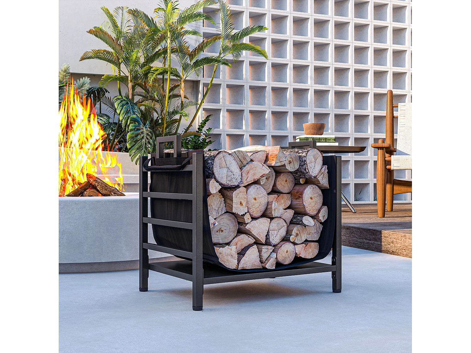 Portalegna da esterno e interno con sacca di trasporto in acciaio nero