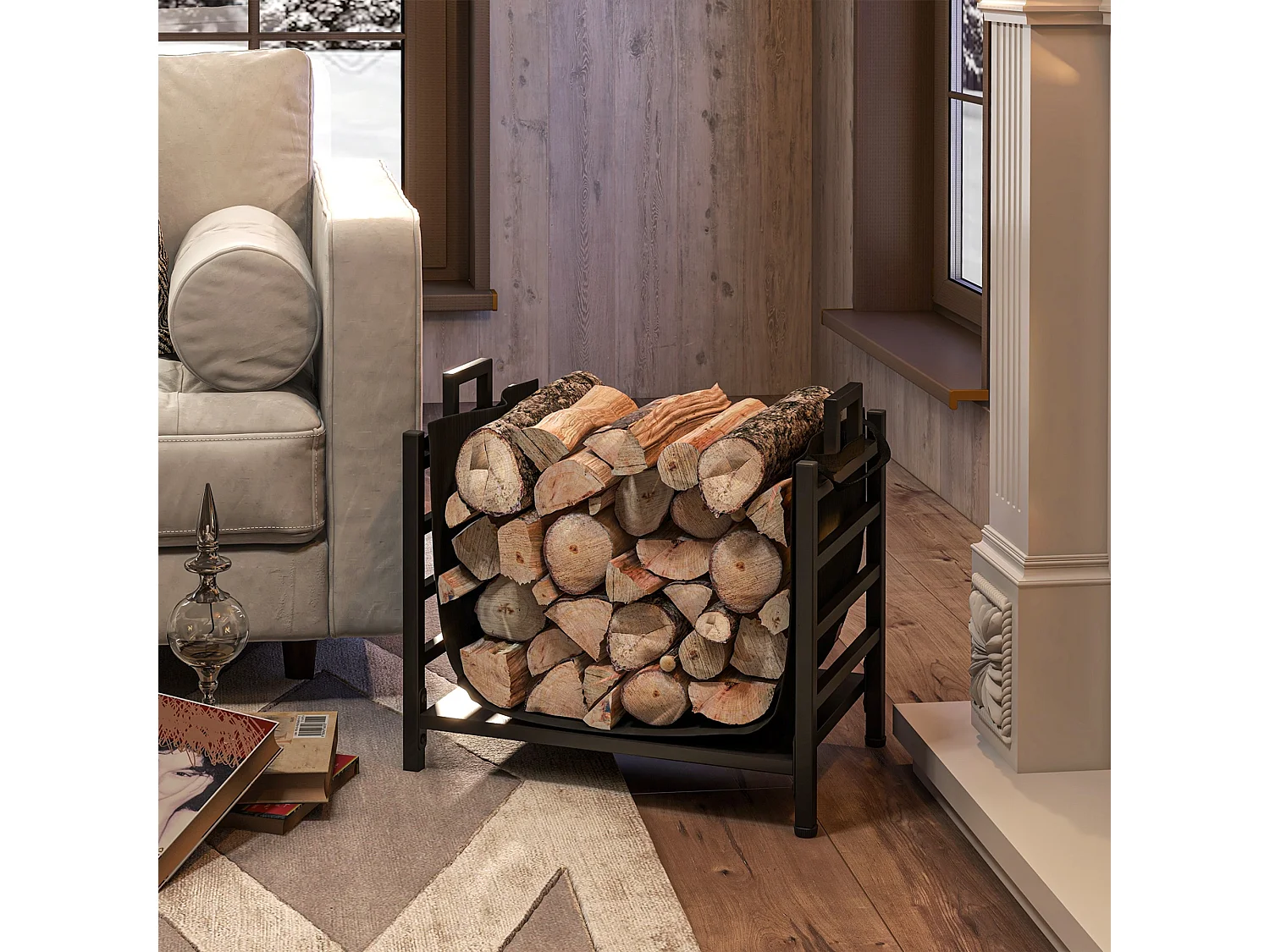 Portalegna da esterno e interno con sacca di trasporto in acciaio nero