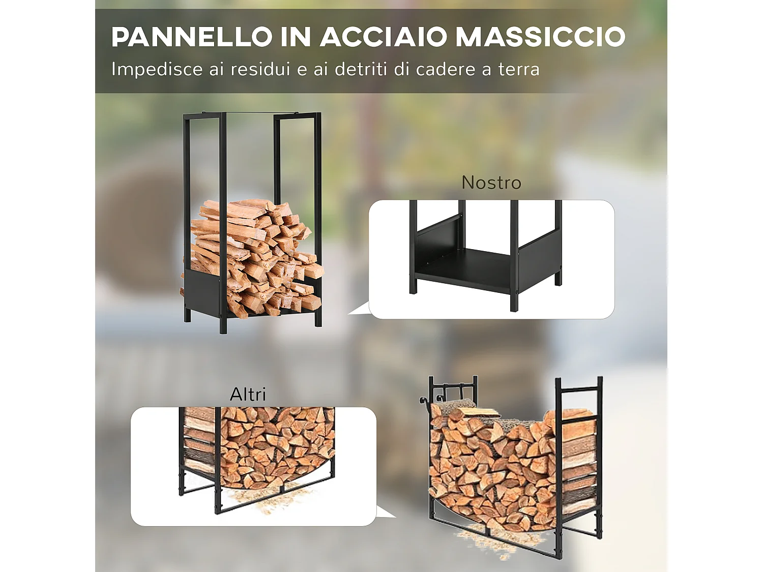 Outsunny Scaffale Portalegna da Interno ed Esterno in Acciaio Nero