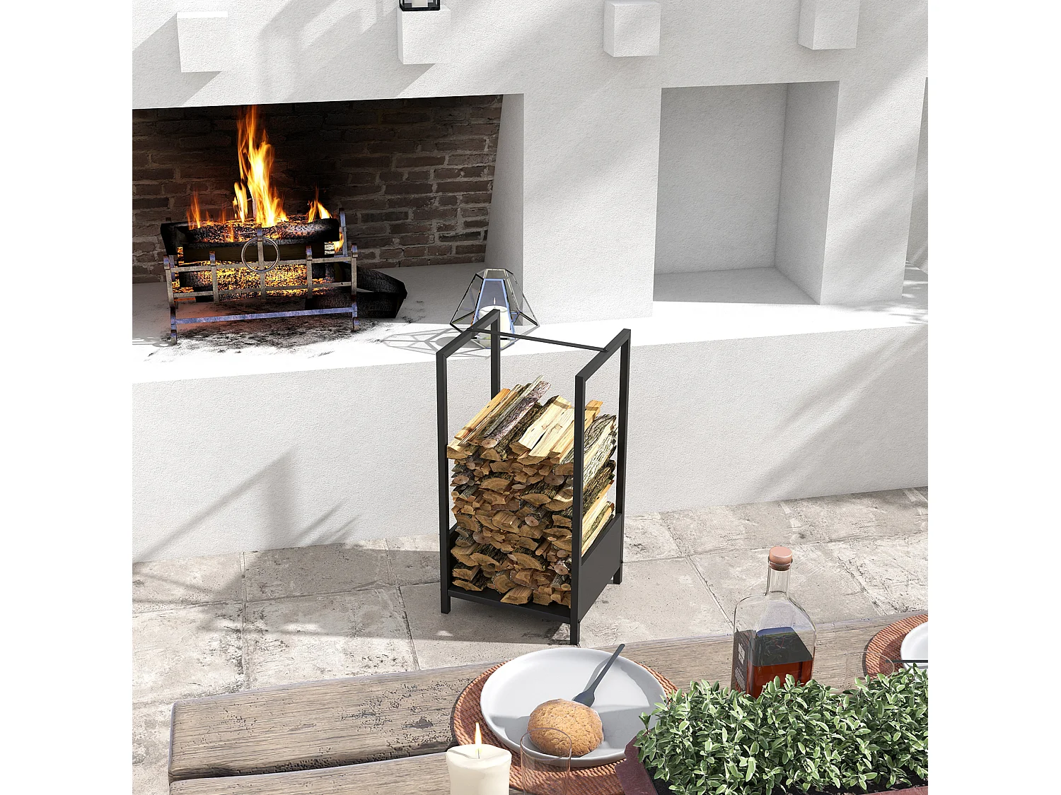 Outsunny Scaffale Portalegna da Interno ed Esterno in Acciaio Nero