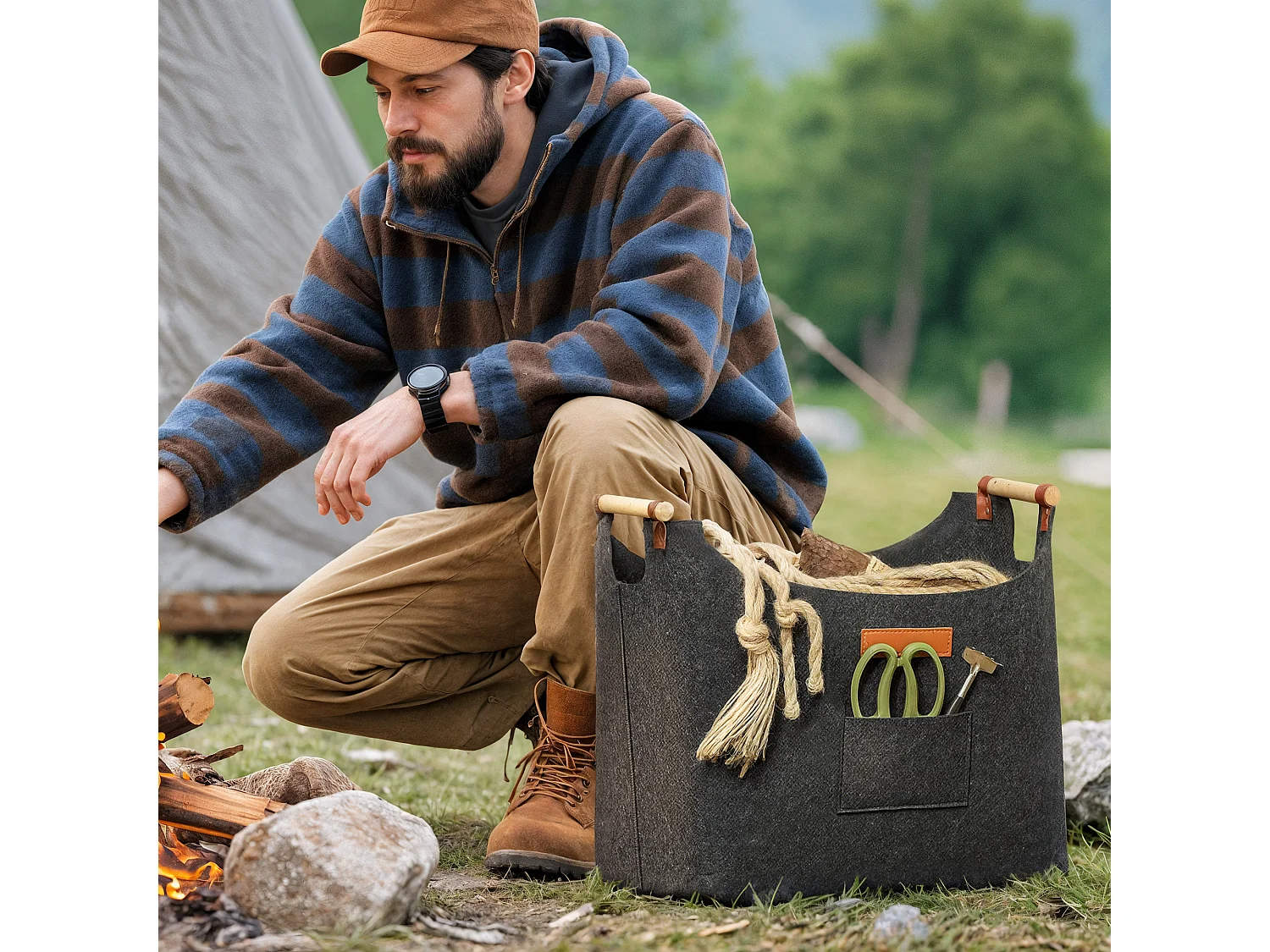 Borsa portalegna con manici da interni in feltro e legno grigio