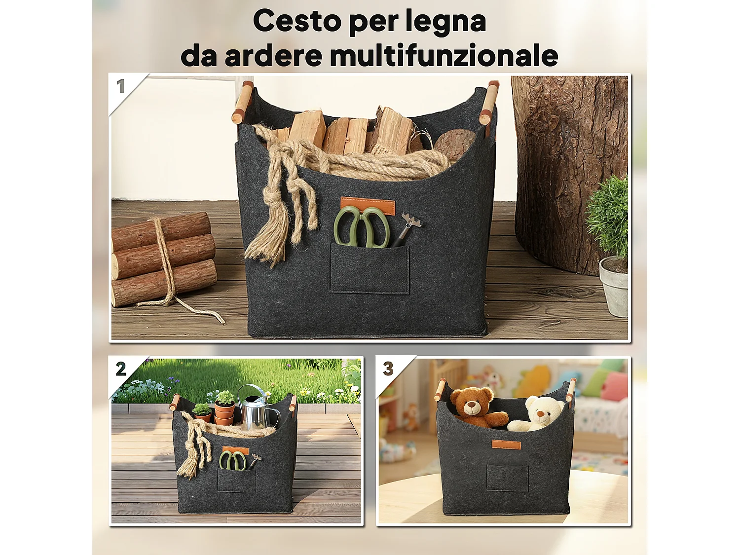 Borsa portalegna con manici da interni in feltro e legno grigio