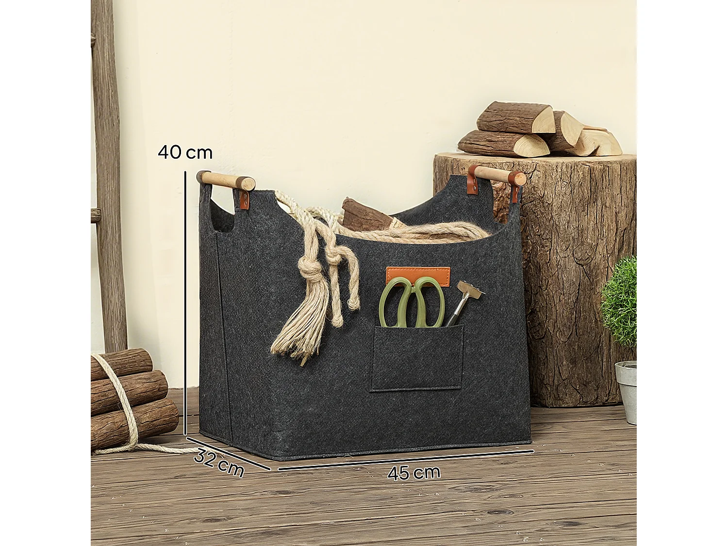 Borsa portalegna con manici da interni in feltro e legno grigio