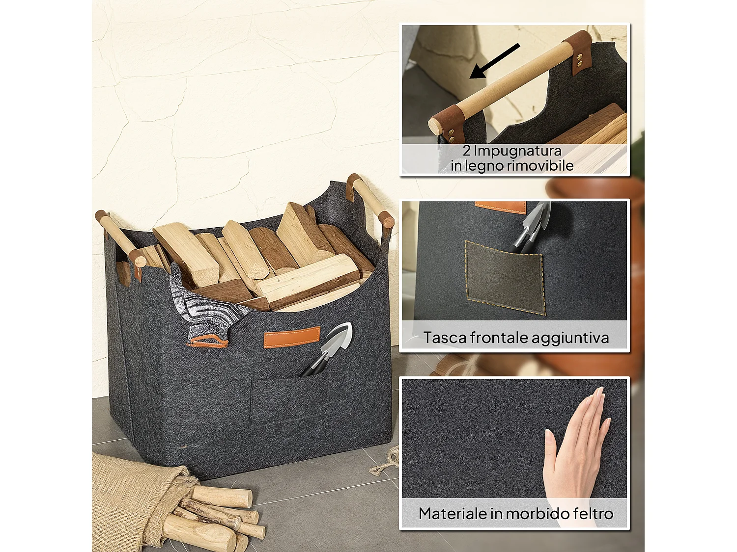 Borsa portalegna con manici da interni in feltro e legno grigio