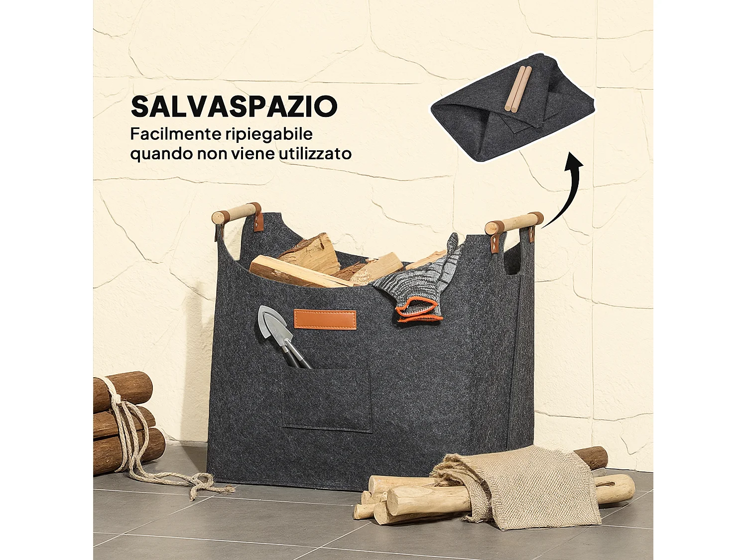 Borsa portalegna con manici da interni in feltro e legno grigio