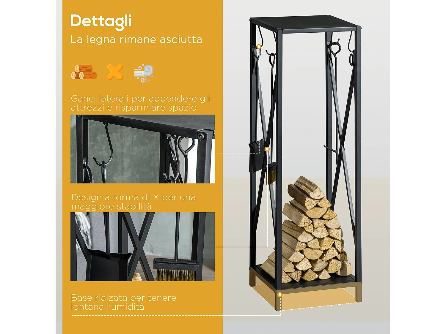 Portalegna salvaspazio con paletta scopino attizzatoio pinza