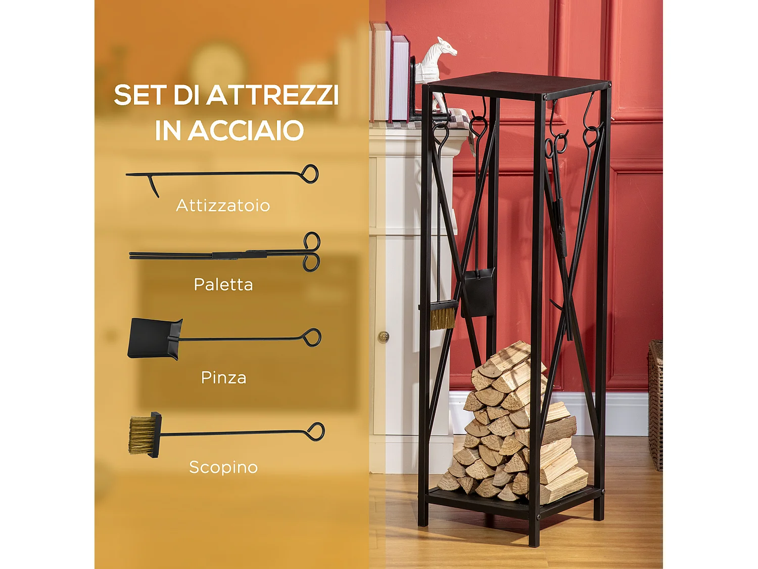 Portalegna salvaspazio con paletta scopino attizzatoio pinza