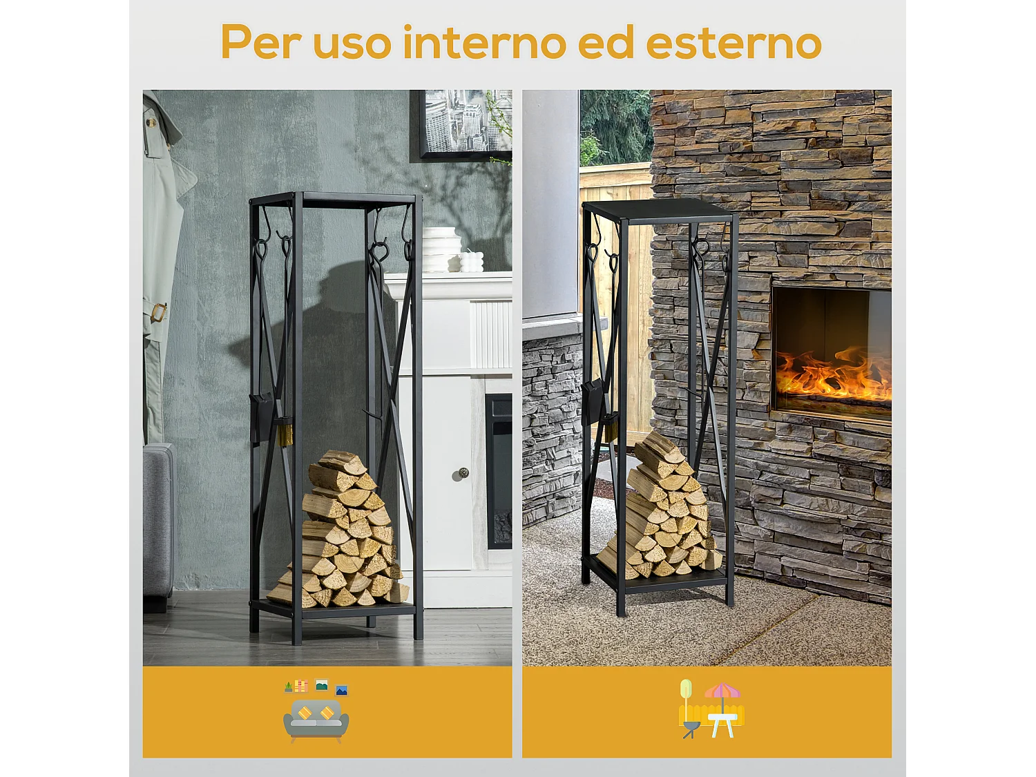 Portalegna salvaspazio con paletta scopino attizzatoio pinza