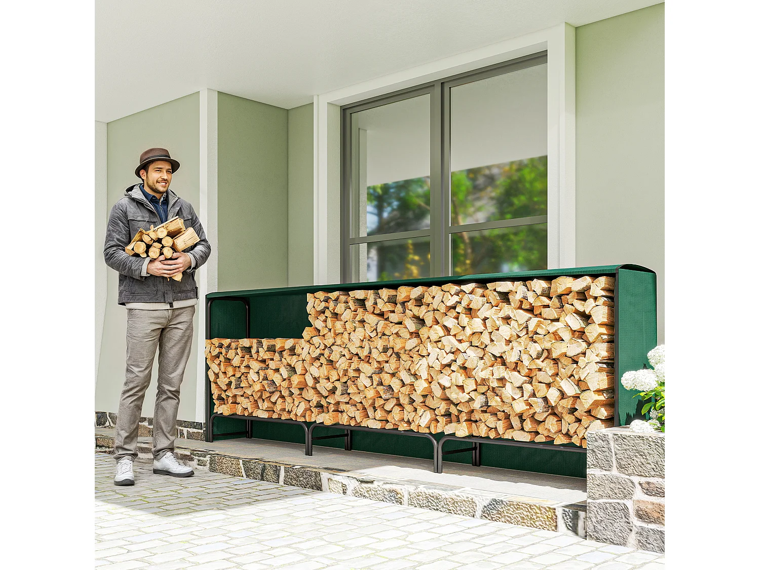 Portalegna da 1m³ regolabile con telo impermeabile 300x36x99 cm