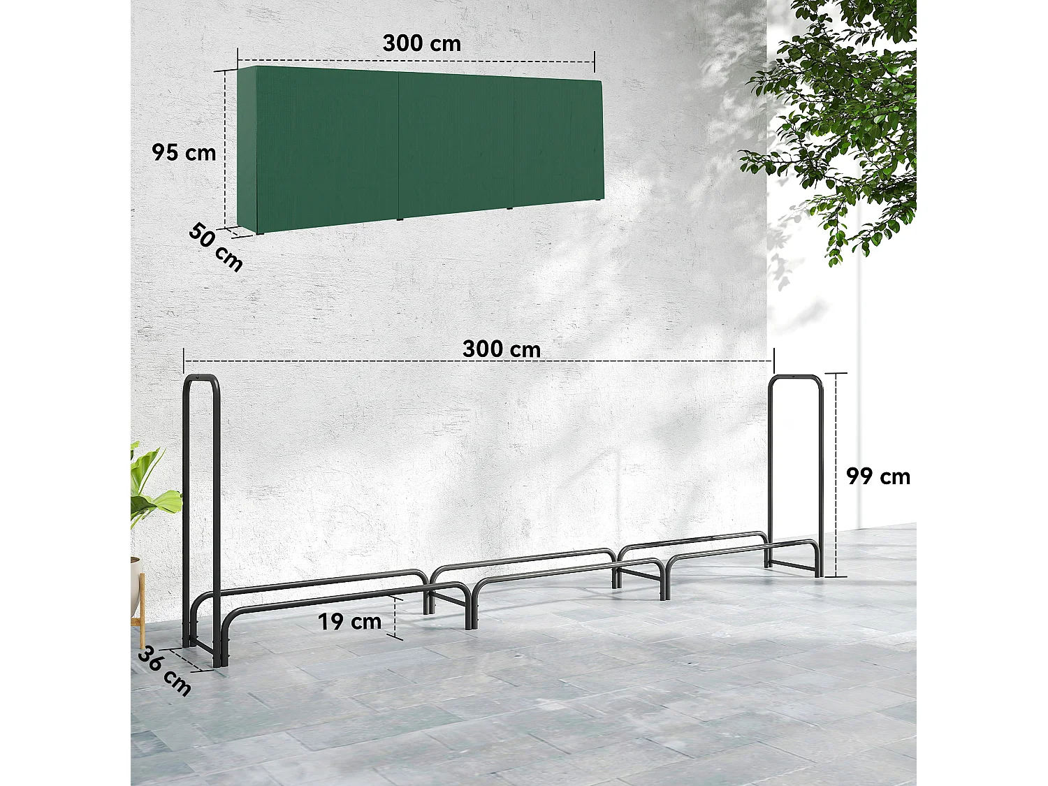 Portalegna da 1m³ regolabile con telo impermeabile 300x36x99 cm