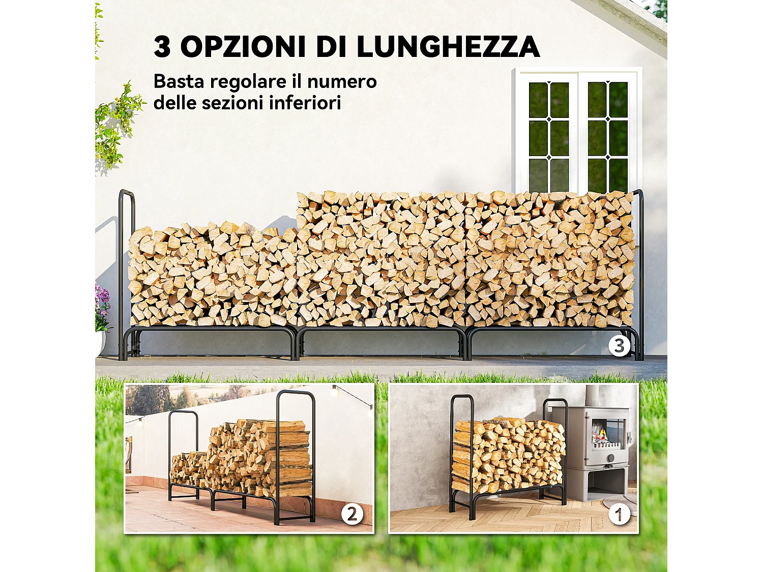 Portalegna da 1m³ regolabile con telo impermeabile 300x36x99 cm