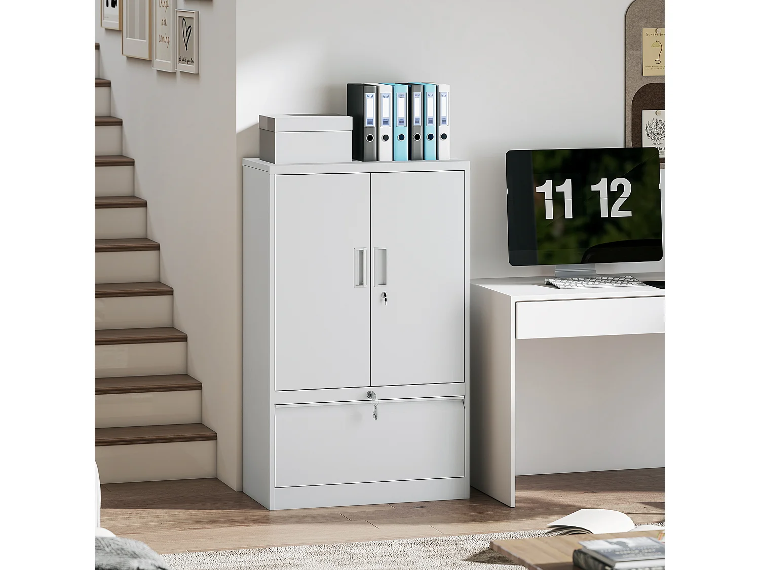 Mobile da ufficio con ripiano interno regolabile e cassetto bianco