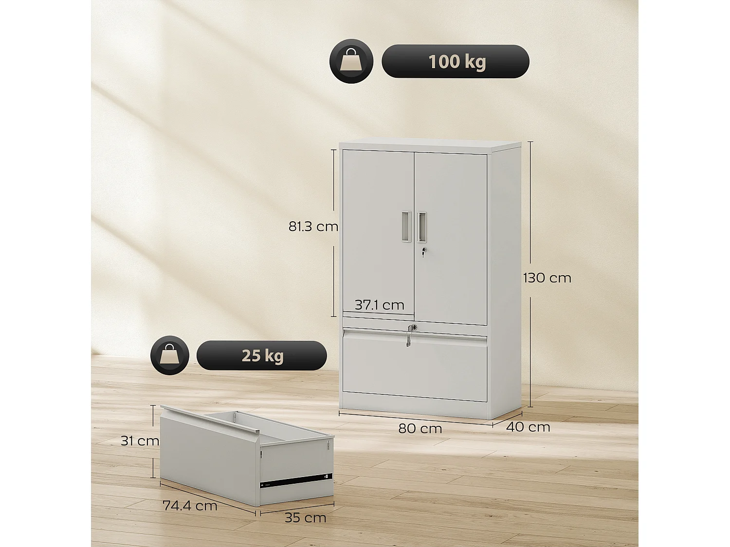 Mobile da ufficio con ripiano interno regolabile e cassetto bianco