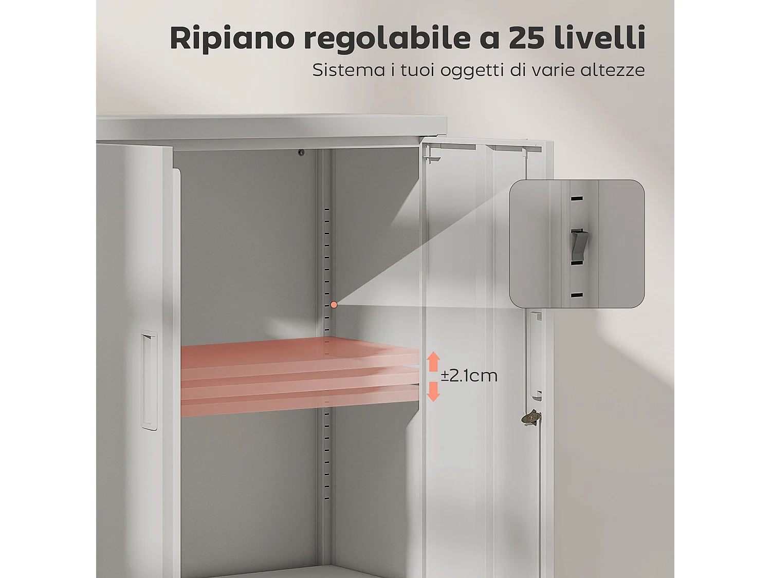 Mobile da ufficio con ripiano interno regolabile e cassetto bianco