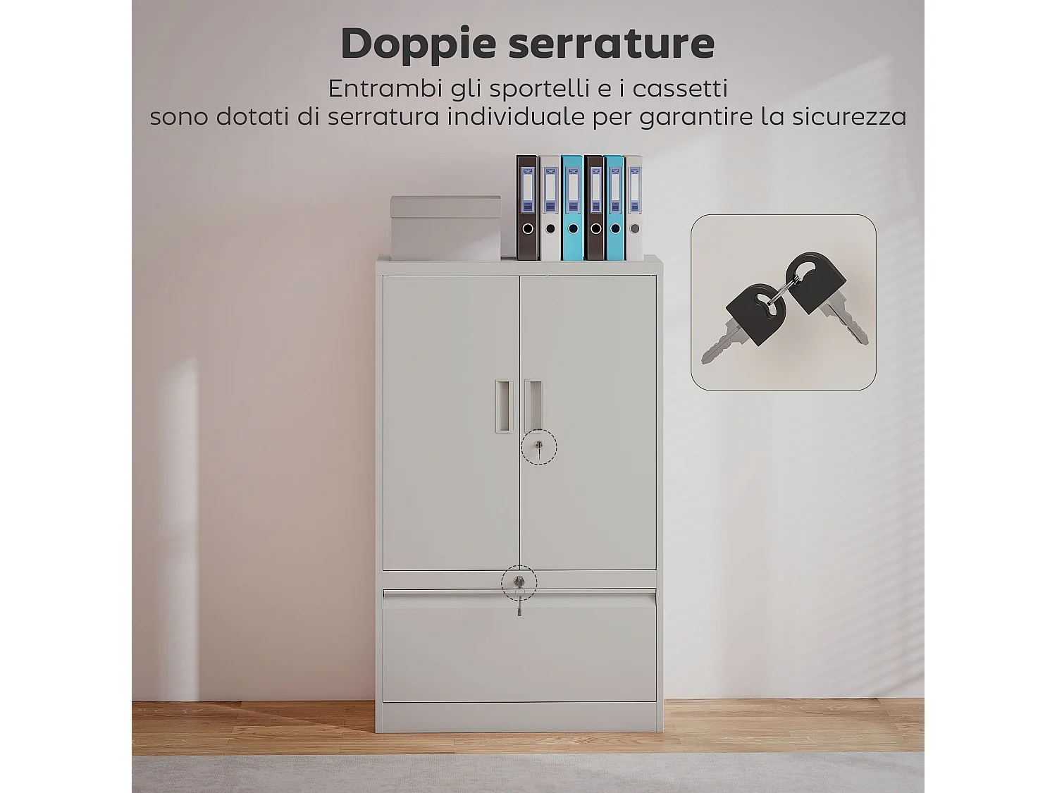 Mobile da ufficio con ripiano interno regolabile e cassetto bianco