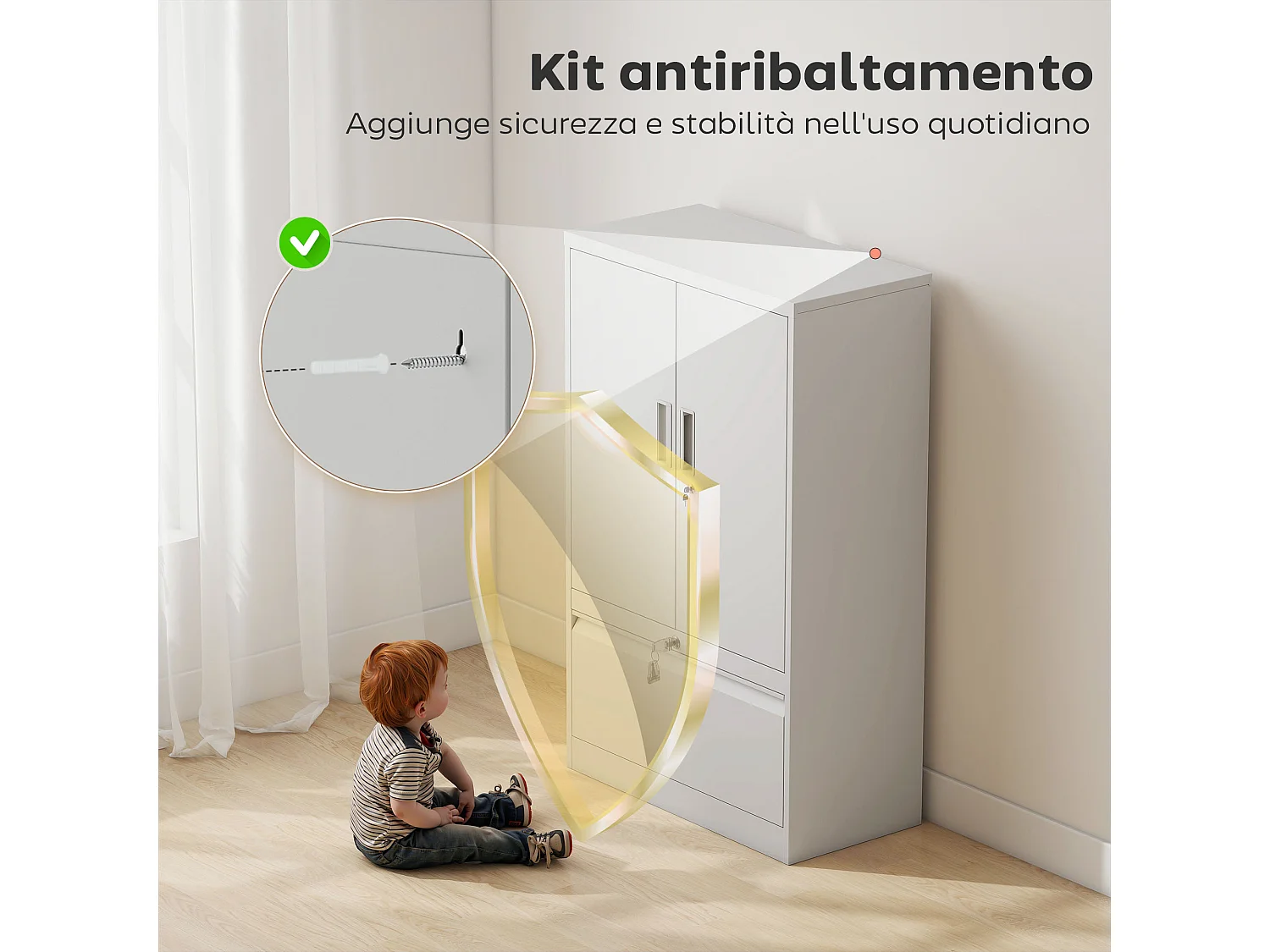 Mobile da ufficio con ripiano interno regolabile e cassetto bianco