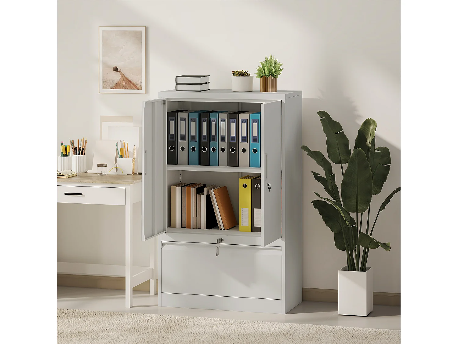 Mobile da ufficio con ripiano interno regolabile e cassetto bianco