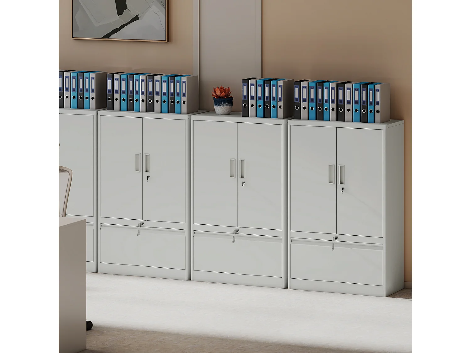 Mobile da ufficio con ripiano interno regolabile e cassetto bianco