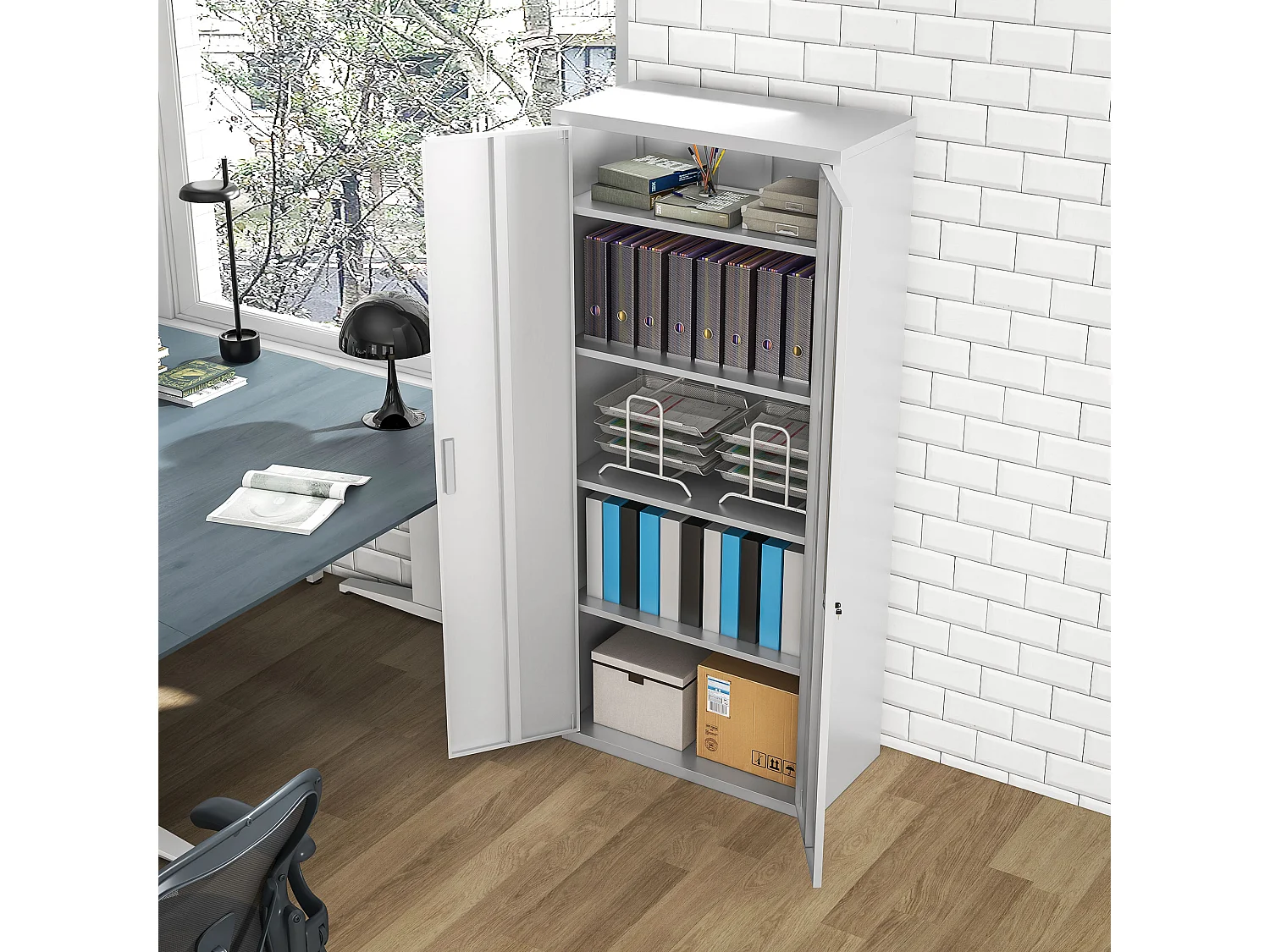 Armadio da ufficio 5 livelli a 4 ripiani regolabili in acciaio bianco