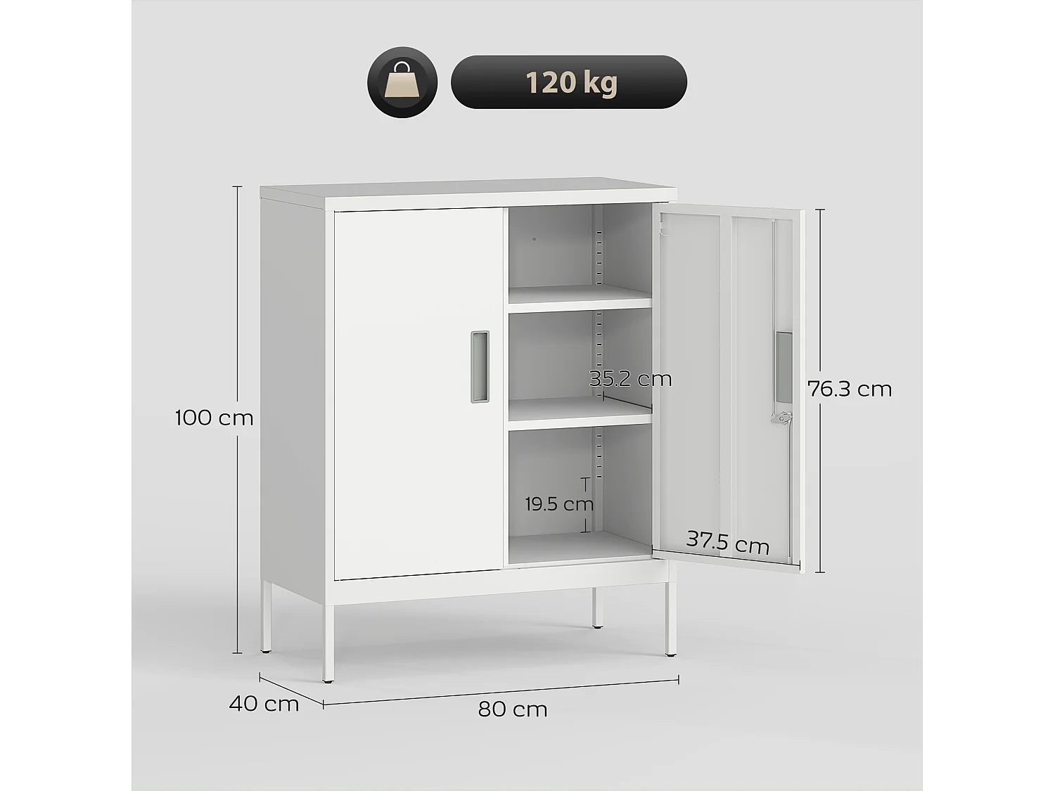 Armadietto da ufficio a 2 ripiani in acciaio 80x40x100 cm bianco