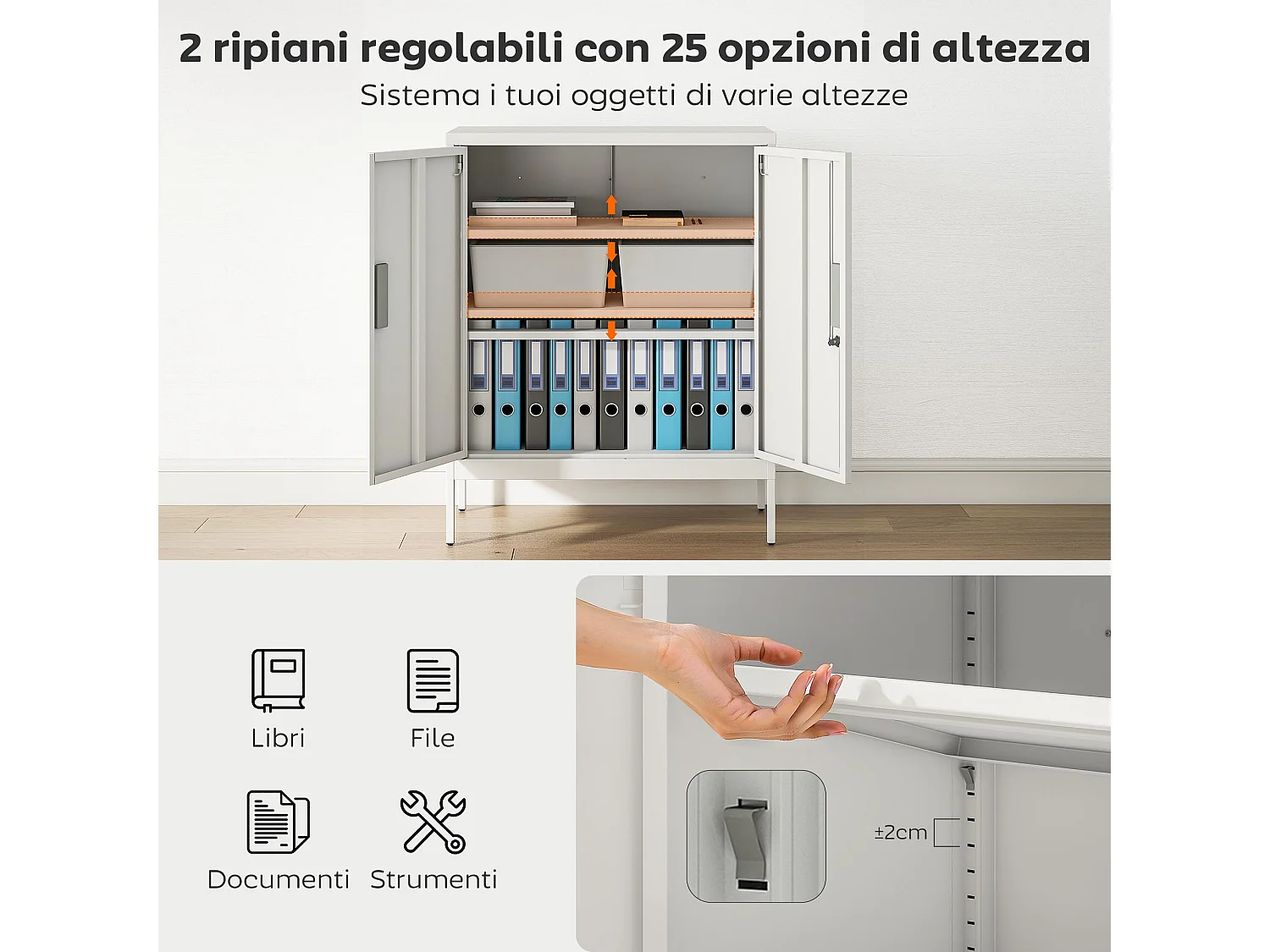 Armadietto da ufficio a 2 ripiani in acciaio 80x40x100 cm bianco