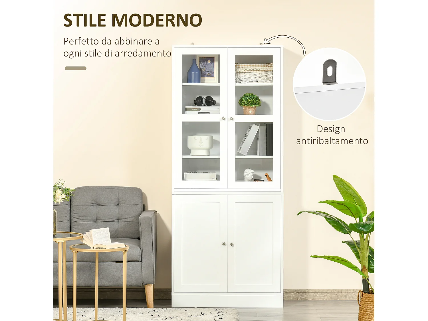 Mobile libreria a 2 armadietti con ripiani e ante in vetro bianco