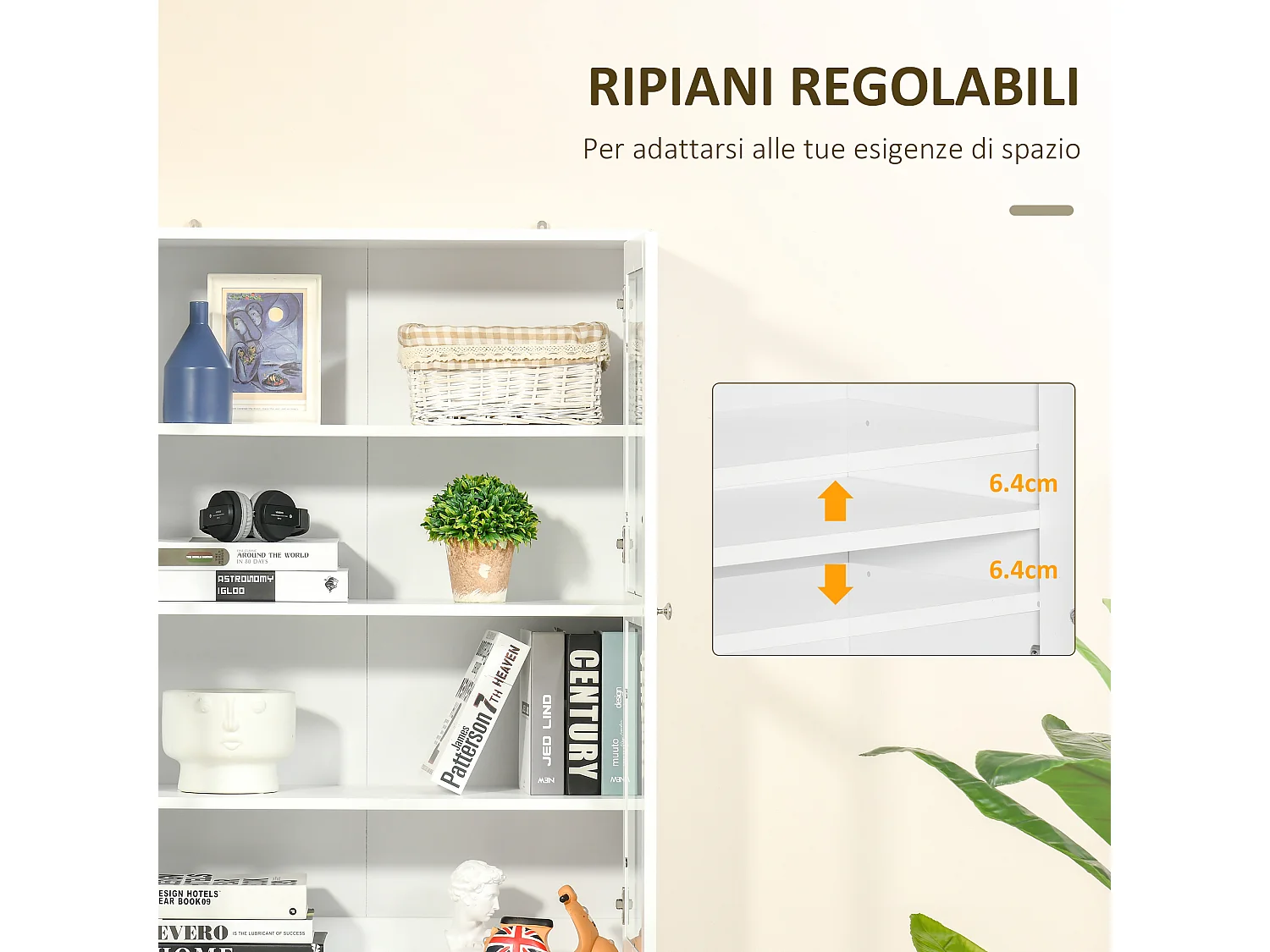 Mobile libreria a 2 armadietti con ripiani e ante in vetro bianco