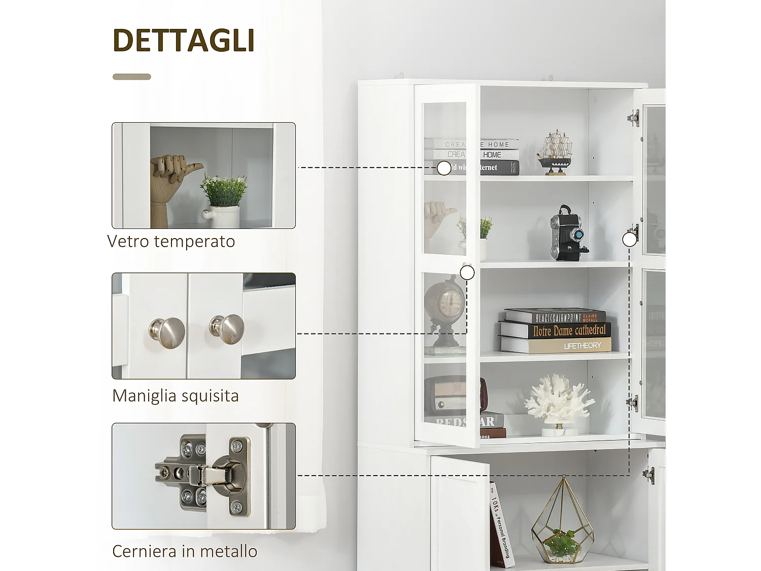 Mobile libreria a 2 armadietti con ripiani e ante in vetro bianco