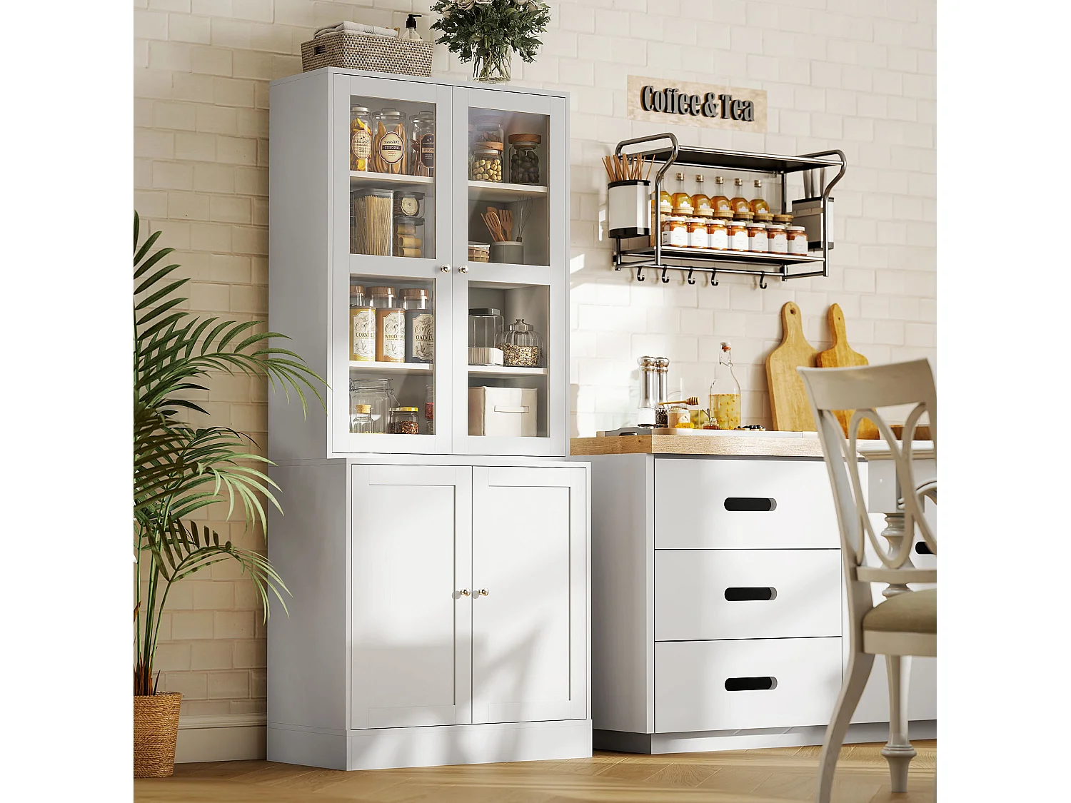 Mobile libreria a 2 armadietti con ripiani e ante in vetro bianco