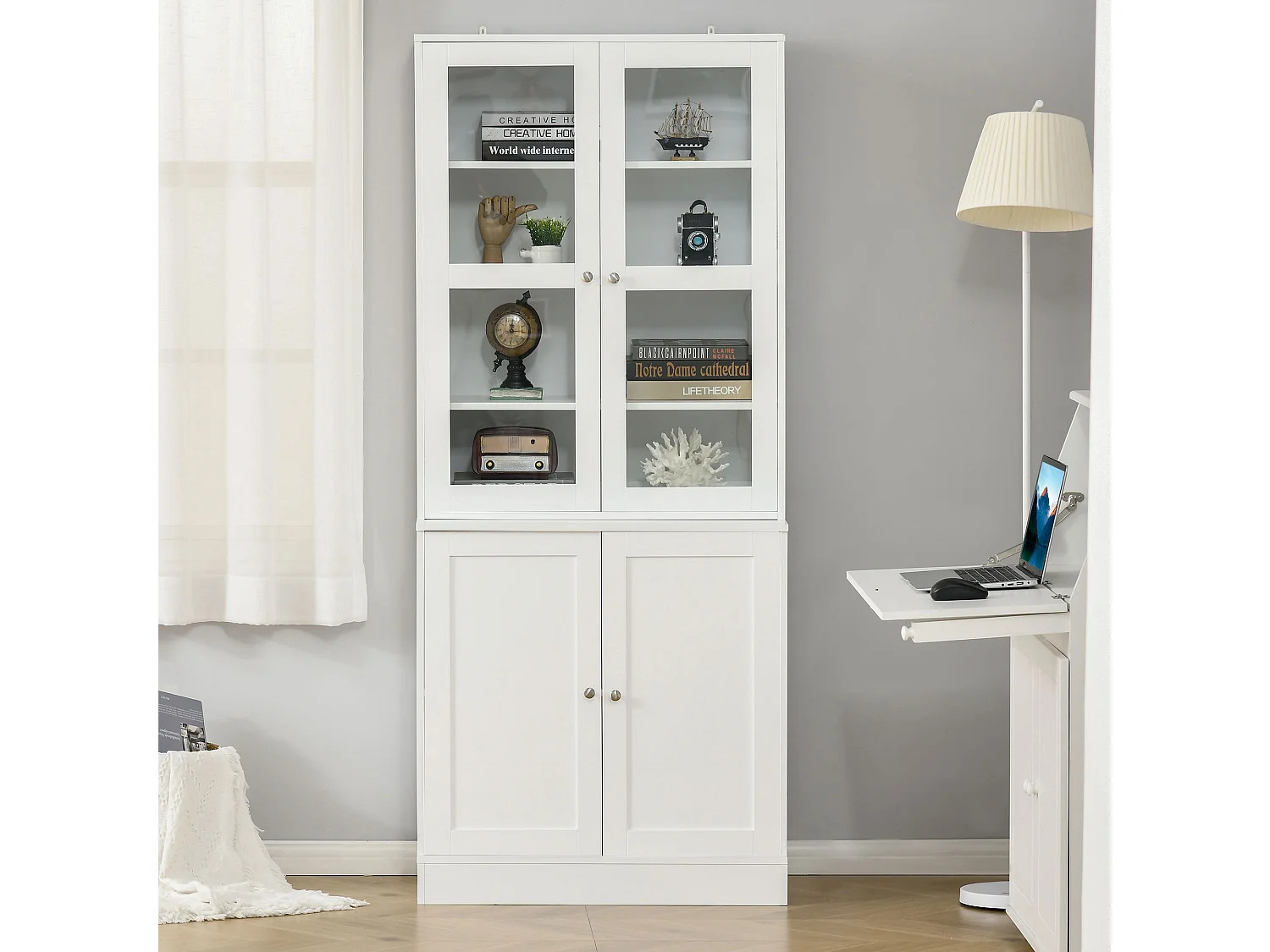 Mobile libreria a 2 armadietti con ripiani e ante in vetro bianco