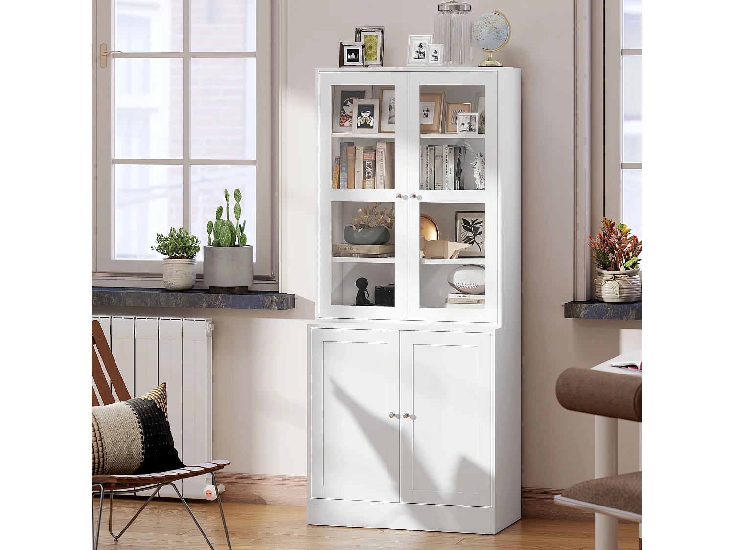 Mobile libreria a 2 armadietti con ripiani e ante in vetro bianco