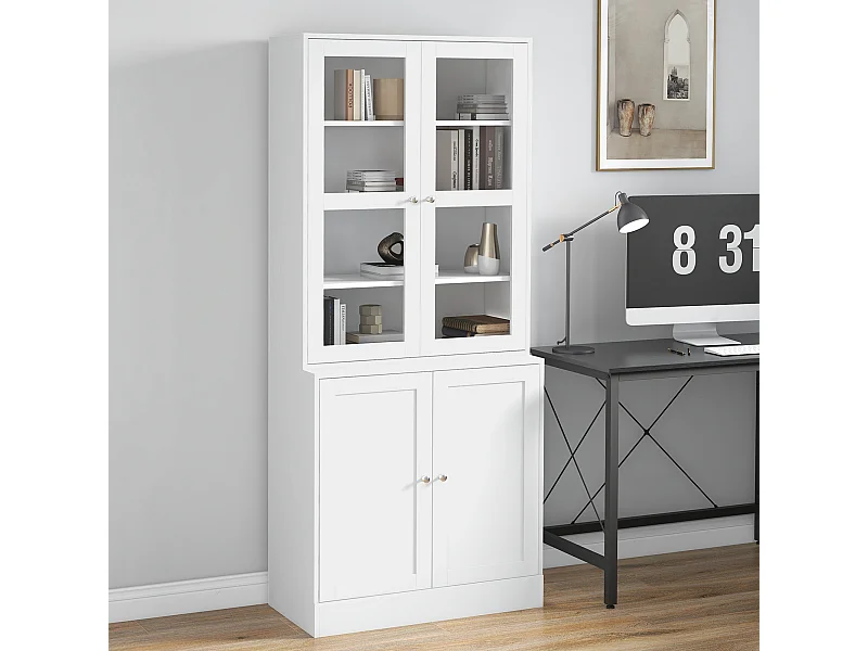 Mobile libreria a 2 armadietti con ripiani e ante in vetro bianco