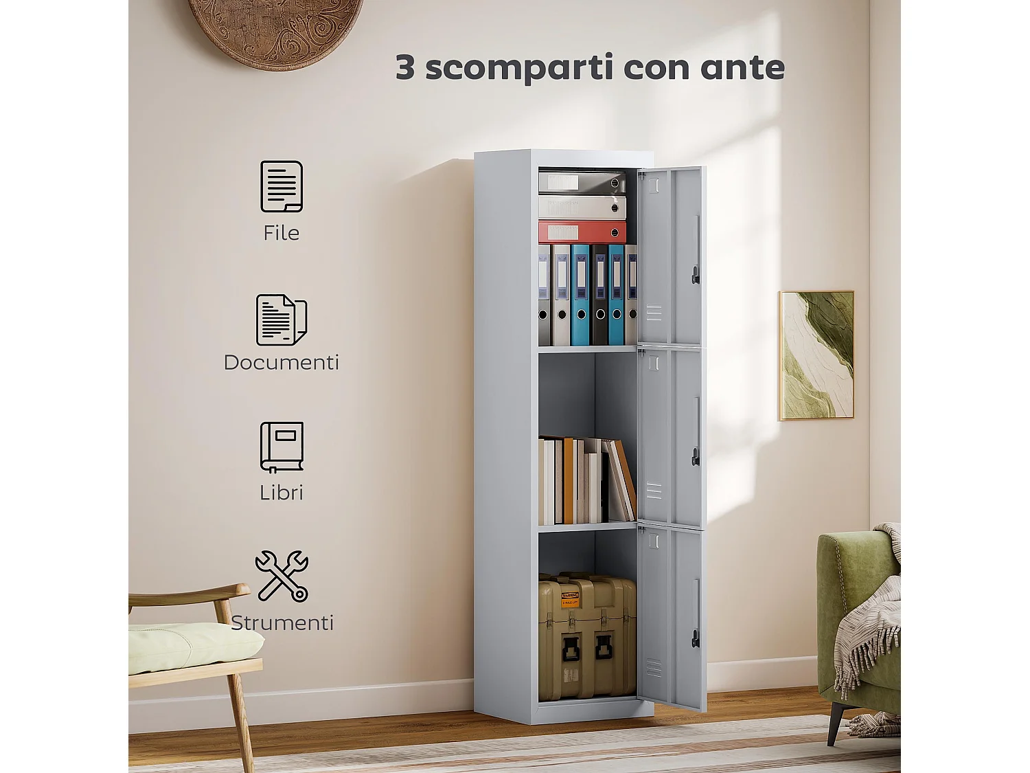 Armadio per ufficio a 3 porte indipendenti in acciaio grigio