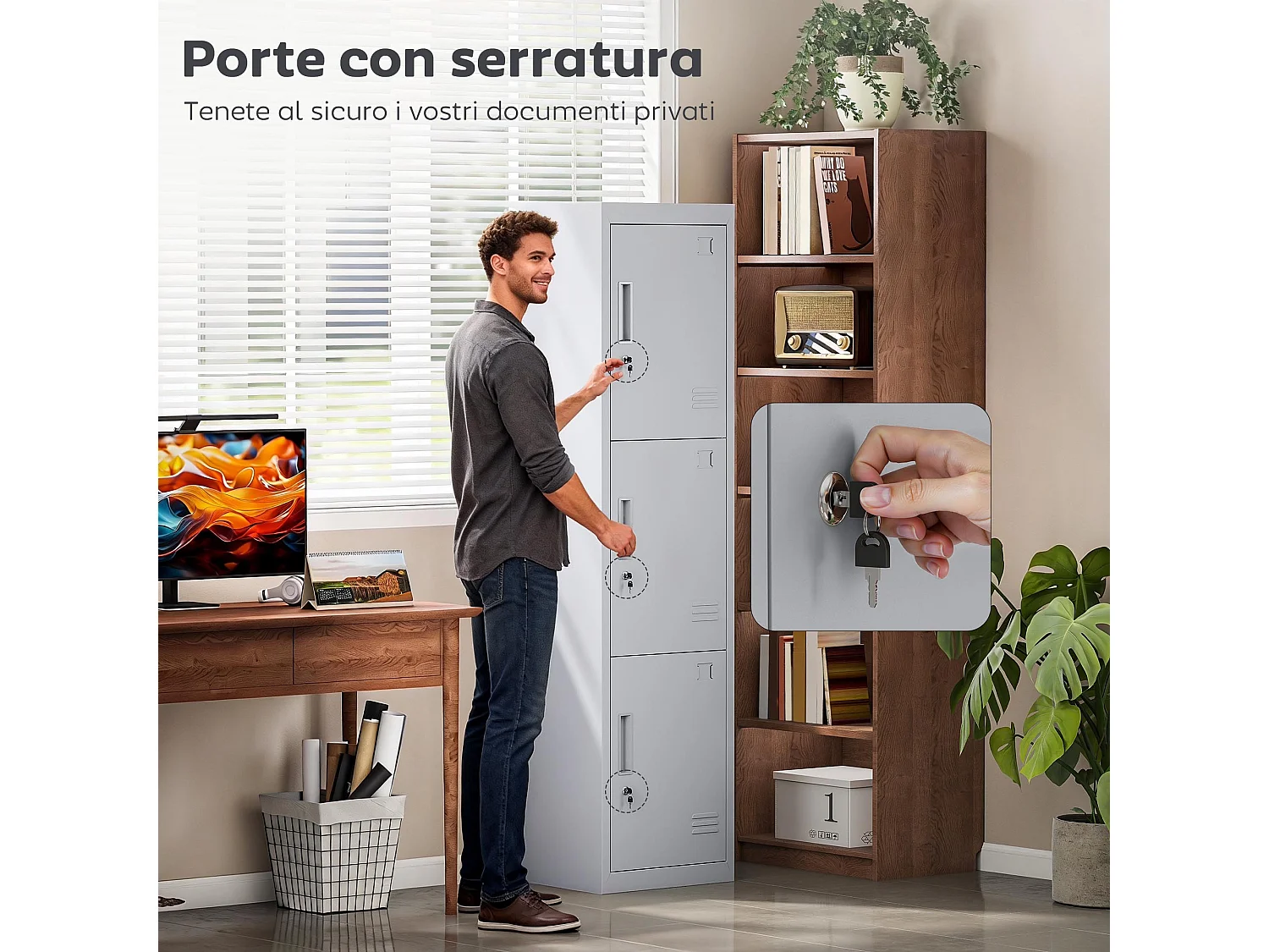 Armadio per ufficio a 3 porte indipendenti in acciaio grigio