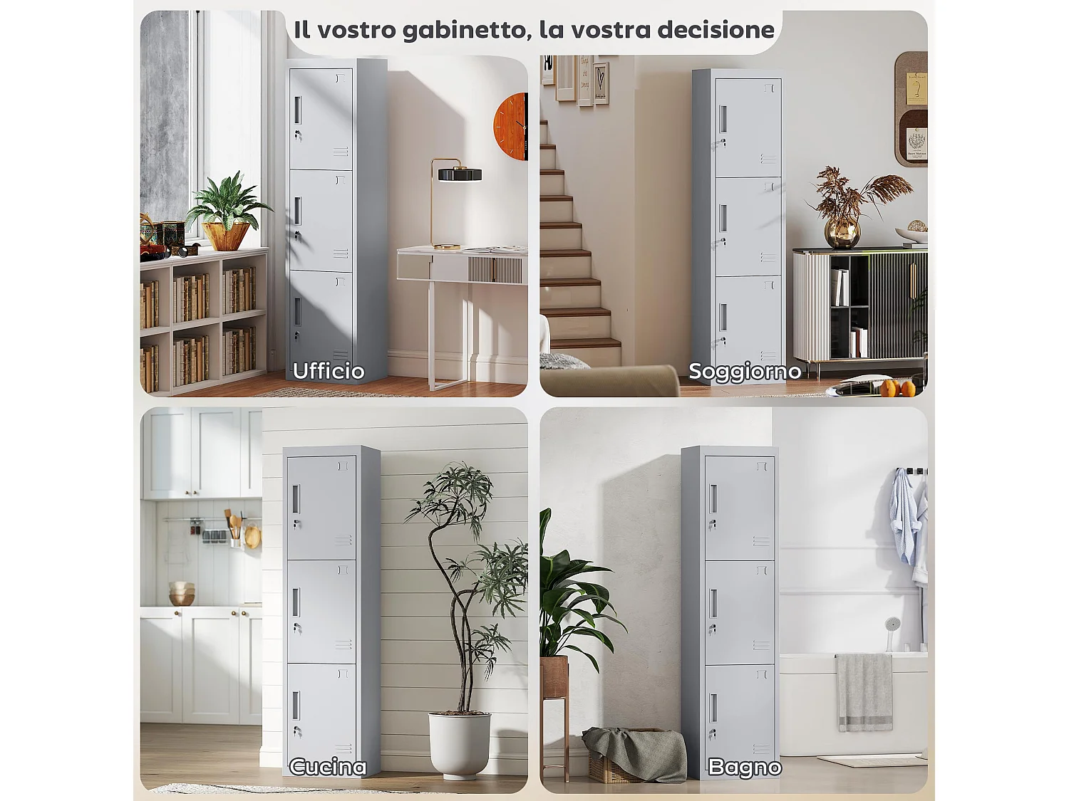 Armadio per ufficio a 3 porte indipendenti in acciaio grigio