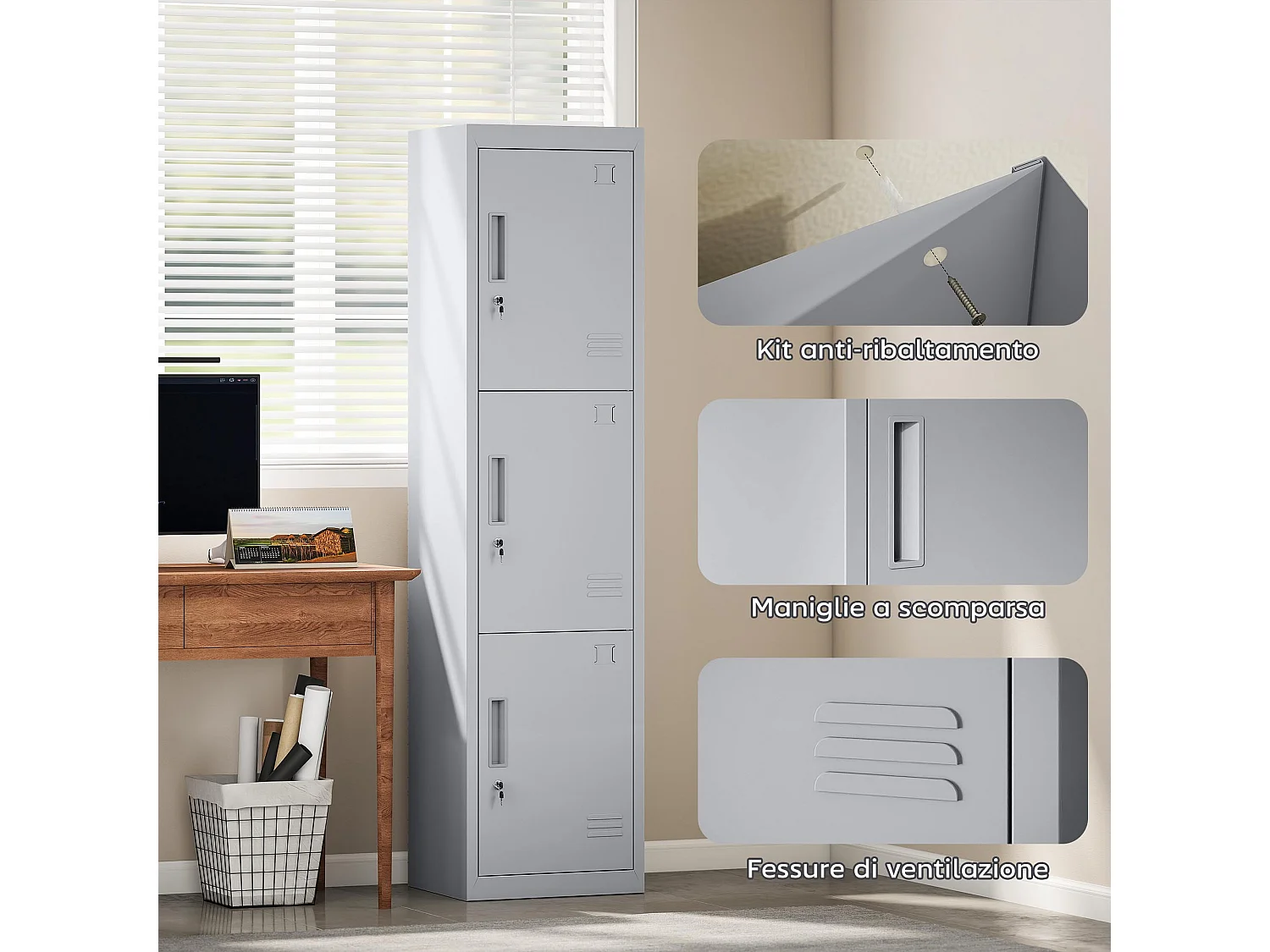 Armadio per ufficio a 3 porte indipendenti in acciaio grigio