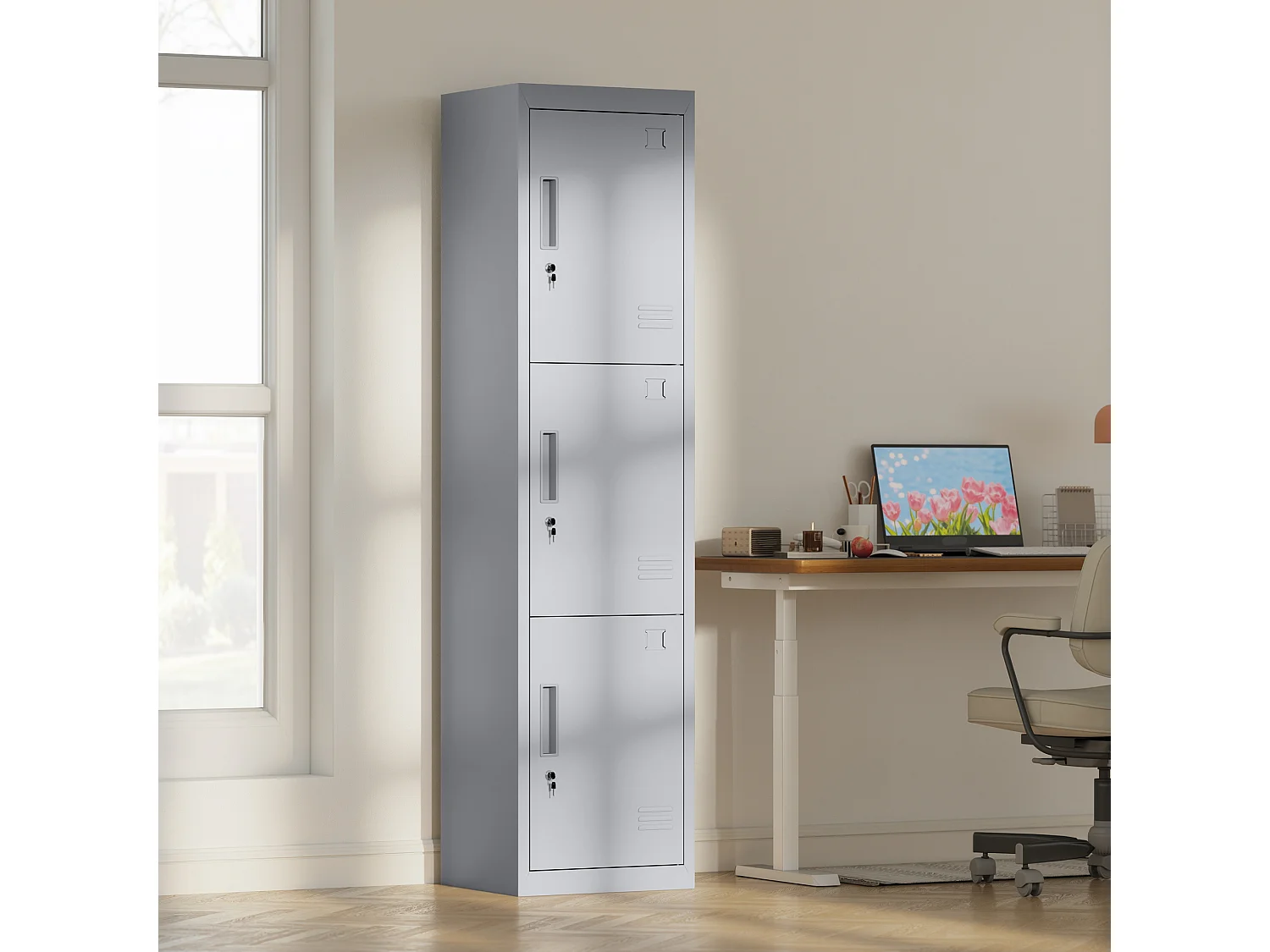 Armadio per ufficio a 3 porte indipendenti in acciaio grigio