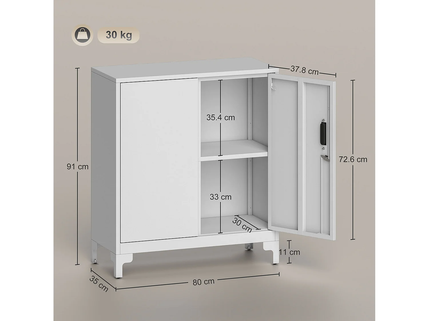 Mobile per ufficio con 3 ripiani 2 ante e chiavi in metallo bianco