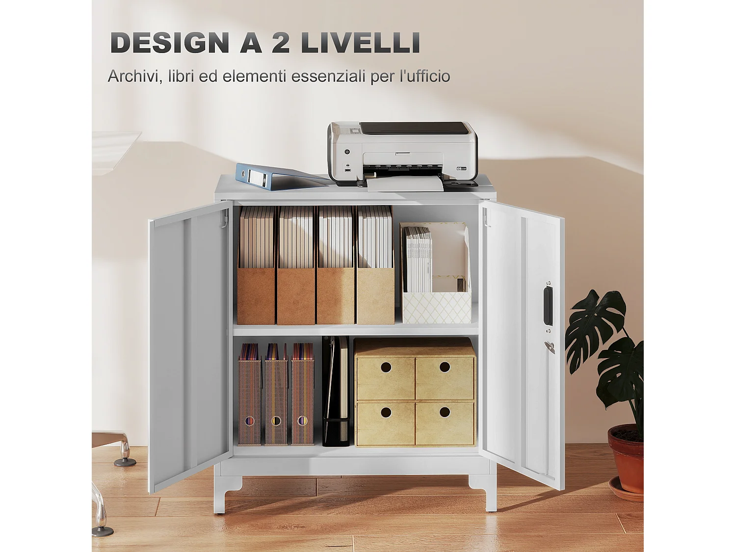 Mobile per ufficio con 3 ripiani 2 ante e chiavi in metallo bianco