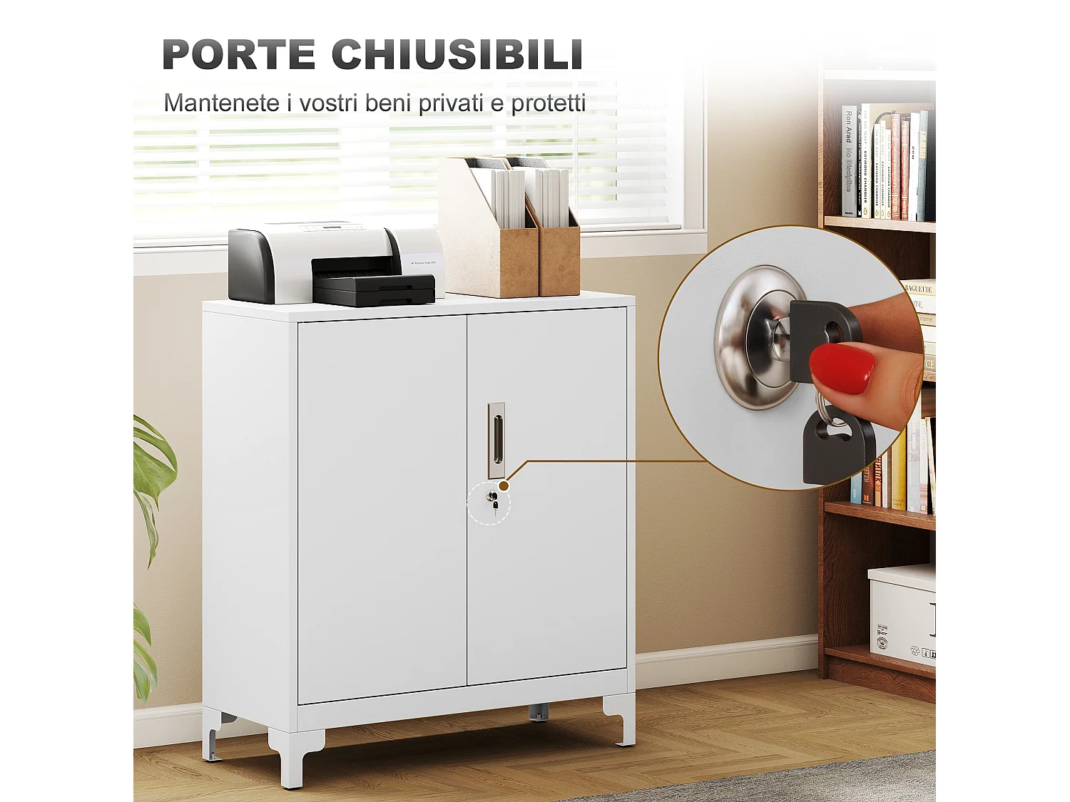 Mobile per ufficio con 3 ripiani 2 ante e chiavi in metallo bianco