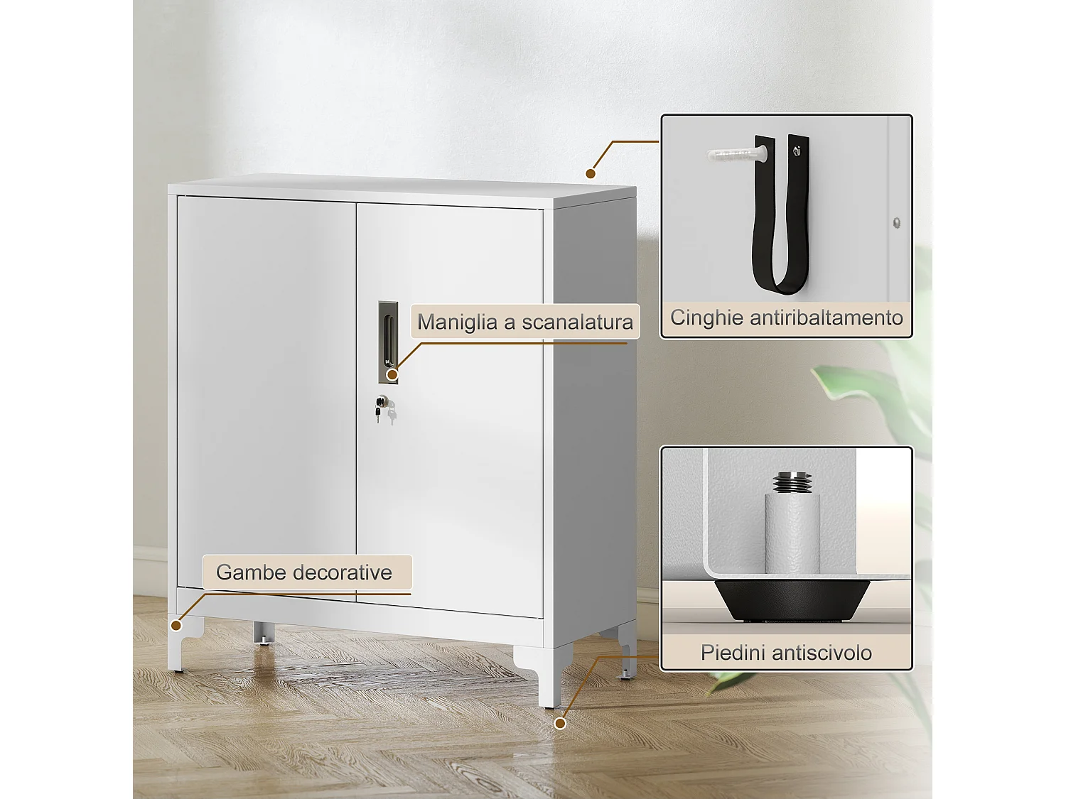 Mobile per ufficio con 3 ripiani 2 ante e chiavi in metallo bianco