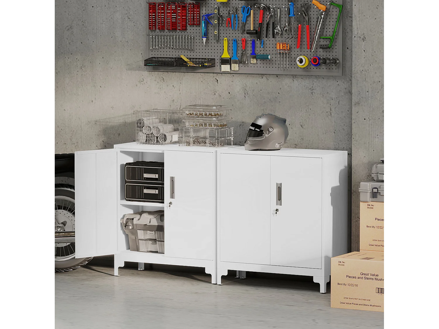 Mobile per ufficio con 3 ripiani 2 ante e chiavi in metallo bianco