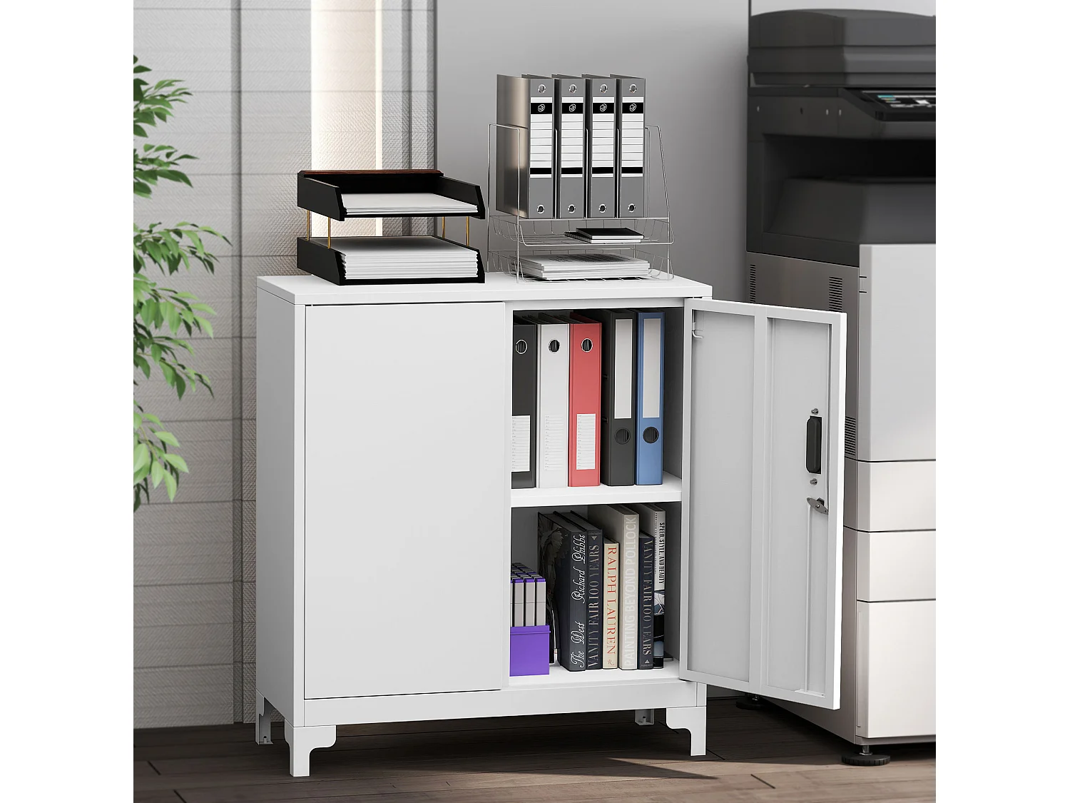 Mobile per ufficio con 3 ripiani 2 ante e chiavi in metallo bianco