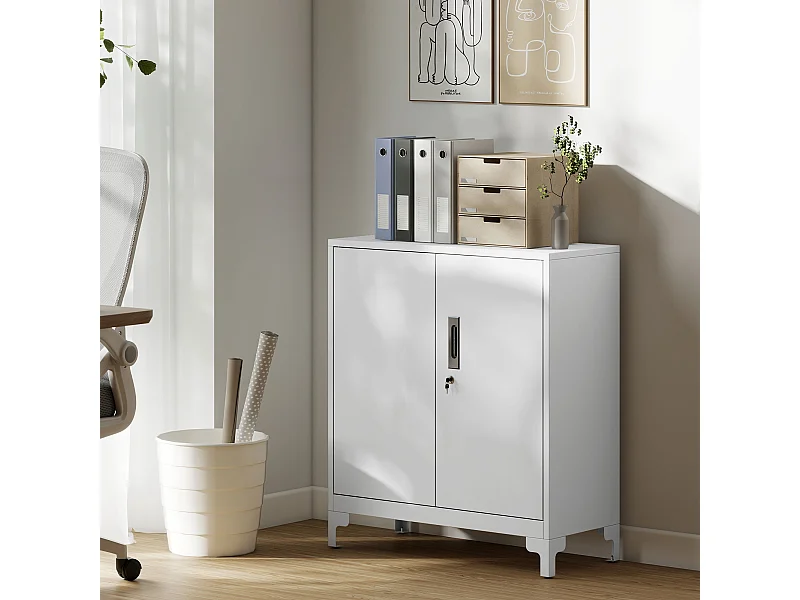 Mobile per ufficio con 3 ripiani 2 ante e chiavi in metallo bianco